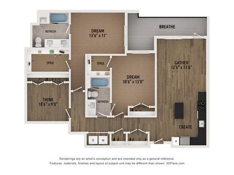 Floor plan for 2 beds, 2 baths, 1265 sqft